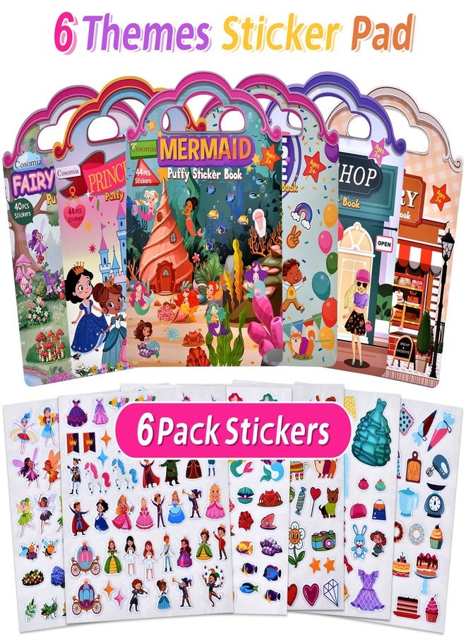 Cosomia 6 Set (260pcs) Puffy Sticker Books Activity for Girls, Reusable Stickers Book, Fairytale+Garden+Princess Party+Mermaid+Kids Zone+Girls' Shop, Travel Book for Kids Ages 3+ - Image 2